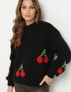 jumelle Pulover Negru cu Croială Simplă cu Amestec de Lână Decorat cu Aplicație cu Cireșe Rinarea