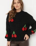 jumelle Pulover Negru cu Croială Simplă cu Amestec de Lână Decorat cu Aplicație cu Cireșe Rinarea