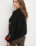 jumelle Pulover Negru cu Croială Simplă cu Amestec de Lână Decorat cu Aplicație cu Cireșe Rinarea