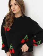 jumelle Pulover Negru cu Croială Simplă cu Amestec de Lână Decorat cu Aplicație cu Cireșe Rinarea