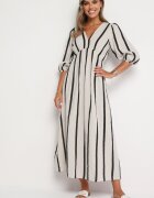 jumelle Rochie Alb-Negru Cintrata din Bumbac cu Dungi Rivettes