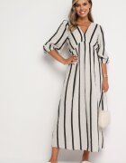 jumelle Rochie Alb-Negru Cintrata din Bumbac cu Dungi Rivettes