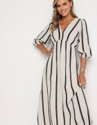 jumelle Rochie Alb-Negru Cintrata din Bumbac cu Dungi Rivettes