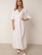 jumelle Rochie albă evazată de bumbac boho cu legătură și elastic în talie Lawla