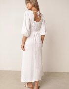 jumelle Rochie albă evazată de bumbac boho cu legătură și elastic în talie Lawla