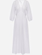 jumelle Rochie albă evazată de bumbac boho cu legătură și elastic în talie Lawla