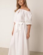 jumelle Rochie Albă Trapezoidală din Muselină de Bumbac cu Centură și Elastic în Talie Vimarinn