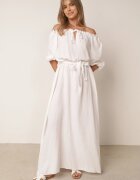 jumelle Rochie Albă Trapezoidală din Muselină de Bumbac cu Centură și Elastic în Talie Vimarinn