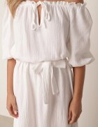jumelle Rochie Albă Trapezoidală din Muselină de Bumbac cu Centură și Elastic în Talie Vimarinn