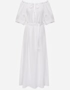 jumelle Rochie Albă Trapezoidală din Muselină de Bumbac cu Centură și Elastic în Talie Vimarinn