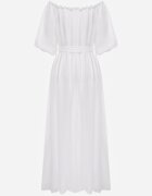 jumelle Rochie Albă Trapezoidală din Muselină de Bumbac cu Centură și Elastic în Talie Vimarinn