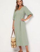 jumelle Rochie evazată din bumbac Boho Verde închis cu legătură și elastic în talie Lawla