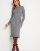 jumelle Rochie Gri Mulate din Viscoză din Material Reiat cu Șnur Eleavia