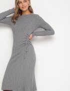 jumelle Rochie Gri Mulate din Viscoză din Material Reiat cu Șnur Eleavia