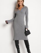 jumelle Rochie Gri Tricotată Reiată din Vâscoză cu croială ajustată cu Guler Salindrea