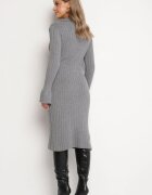 jumelle Rochie Gri Tricotată Reiată din Vâscoză cu croială ajustată cu Guler Salindrea