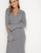 jumelle Rochie Gri Tricotată Reiată din Vâscoză cu croială ajustată cu Guler Salindrea
