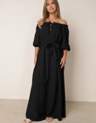 jumelle Rochie neagră trapezoidală din muselină de bumbac cu curea și elastic în talie Vimarinn