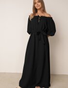 jumelle Rochie neagră trapezoidală din muselină de bumbac cu curea și elastic în talie Vimarinn