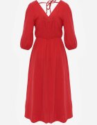 jumelle Rochie Roșie Cloș din bumbac Boho cu șnur și elastic în talie Lawla