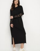 jumelle Rochie tip T-shirt Neagră de bumbac cu despicături și mâneci din dantelă Fenisia