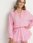 jumelle Salopetă de Bumbac Roz cu Bandă Elastică în Talie și Fustă-Pantaloni Scurți Gleasea