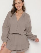 jumelle Salopetă din bumbac Bej închis cu bandă elastică în talie și Fustă-pantalon Gleasea