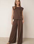 jumelle Set din material fluid cu vâscoză pantaloni largi și bluză Pebosea Maro