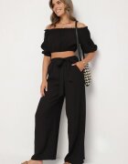 jumelle Set Negru Pantaloni Largi și Bluză cu Mâneci Bufante Idasela