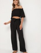 jumelle Set Negru Pantaloni Largi și Bluză cu Mâneci Bufante Idasela