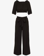 jumelle Set Negru Pantaloni Largi și Bluză cu Mâneci Bufante Idasela