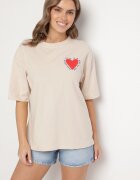 jumelle T-shirt Bej de bumbac cu motiv inimă Liorlie