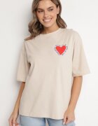 jumelle T-shirt Bej de bumbac cu motiv inimă Liorlie