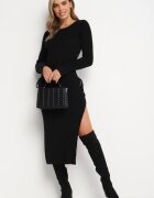 jusdepom Rochie Neagră Midi din Tricot Reiat cu Legături pe Laterale Aramelia