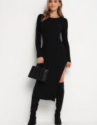 jusdepom Rochie Neagră Midi din Tricot Reiat cu Legături pe Laterale Aramelia