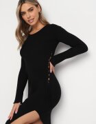 jusdepom Rochie Neagră Midi din Tricot Reiat cu Legături pe Laterale Aramelia