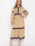 jusdepom Rochie Bej Evazată Maxi Decorată cu dantelă cu manșete Nimaga