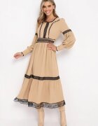 jusdepom Rochie Bej Evazată Maxi Decorată cu dantelă cu manșete Nimaga