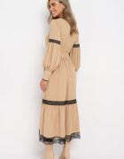 jusdepom Rochie Bej Evazată Maxi Decorată cu dantelă cu manșete Nimaga