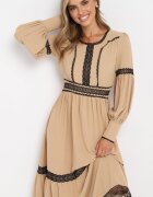 jusdepom Rochie Bej Evazată Maxi Decorată cu dantelă cu manșete Nimaga