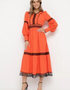 jusdepom Rochie Cloș Portocalie Maxi Decorată cu Dantelă cu Manșete Nimaga
