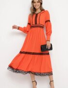 jusdepom Rochie Cloș Portocalie Maxi Decorată cu Dantelă cu Manșete Nimaga