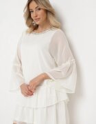 jusdepom Rochie Mini Bej deschis Cloș cu Decolteu Ornat cu Zirconii și Volan Stevianta