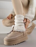 kafeini Cizme de zăpadă Bej închis cu Talpă Groasă cu Cusături Decorative și Blană Lindera