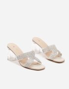 kafeini Papuci Bej cu strass-uri cu toc gros transparent Alimilia