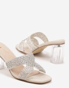 kafeini Papuci Bej cu strass-uri cu toc gros transparent Alimilia