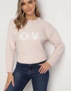 kamaella Pulover Roz Clasic cu Text și Borduri Haccate