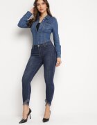 kiss pink Blugi bleumarin Skinny Decorați cu blăniță și perle Onuset