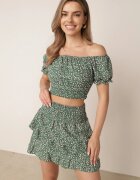  Komplet Verde două piese floral Top cu decolteu spaniol și Fustă cu volane Fritia