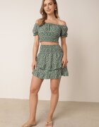  Komplet Verde două piese floral Top cu decolteu spaniol și Fustă cu volane Fritia